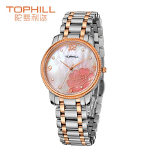 Tophill mujer de cuarzo reloj reloj de moda madre de Pearl Dial con la flor Dial 316 de acero inoxidable y oro rosa reloj de la venda