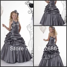 High quality halter beaded pleat tiered back cross strap a-line long taffeta kids pageant dresses