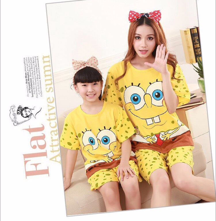 10 Matching Family Clothes Cartoon SpongeBob T-shirt+Short Pants Loose Family Set Clothes Mother Daughter Dad Son Matching Clothes