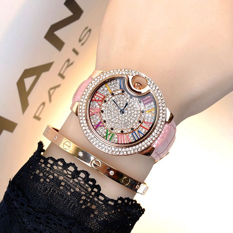2016 colorful Roman numerals full diamond dial ladies watches genuine leather band strap women luxury quartz wristwatches