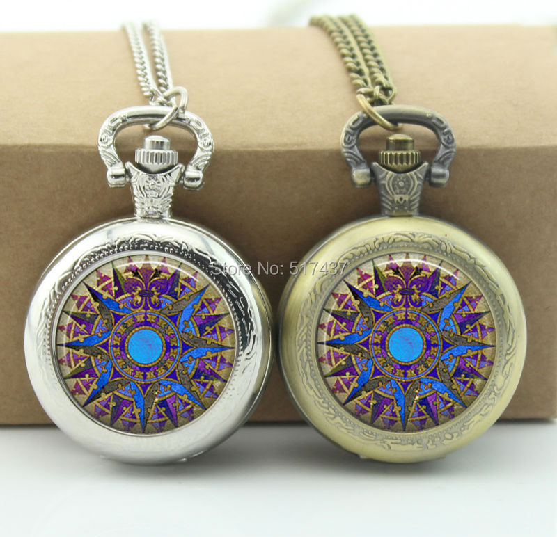 WT-00290 Pocket Watch Necklace Art Photo Pendant Watch Purple Blue Compass Locket Necklace-