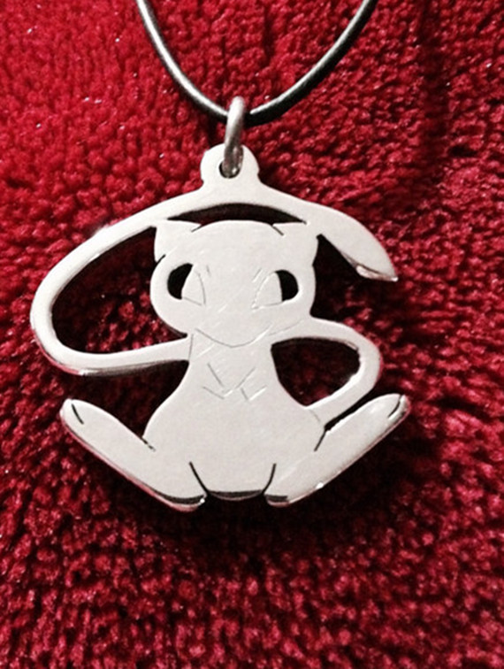 Mew Pokemon Necklace, Aluminum and Leather,