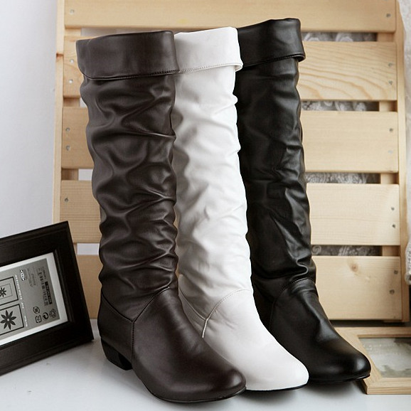Large size 2016 new arrive Winter Knee high Women Boots Black White Brown flat heels half
