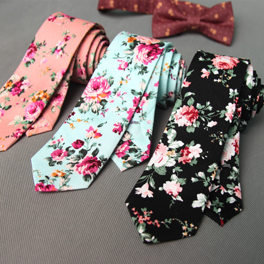 Image of New Summer Brand Business Wedding Cotton Ties For Men Suit Vintage Floral Printed Gravatas Corbatas Slim Vestidos Necktie Cravat
