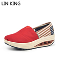 LIN KING British Style Canvas Casual Shoes Summer Slip On Floral Low top Wedge Heel Women
