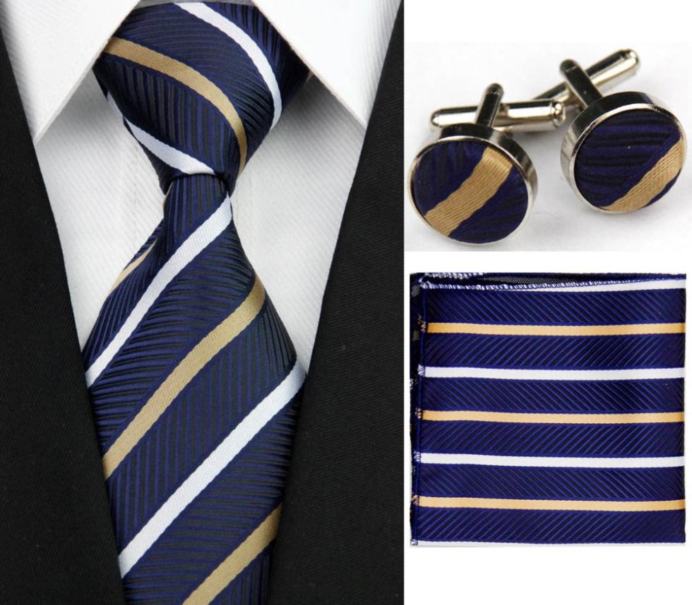 SNT0200 2014 New Fashion Striped Blue Neck Tie Set Neckties Cufflinks Handkerchiefs Business Wedding Tie
