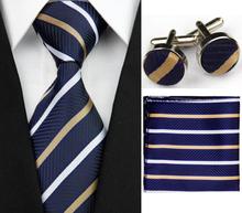 SNT0200 2014 New Fashion Striped Blue Neck Tie Set Neckties Cufflinks Handkerchiefs Business Wedding Tie