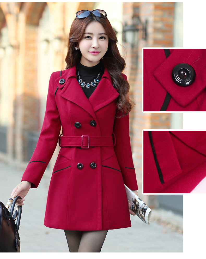 YUNY Women Slim Belted Design Oversized Fall Winter Wool Blends Outwear Red M 