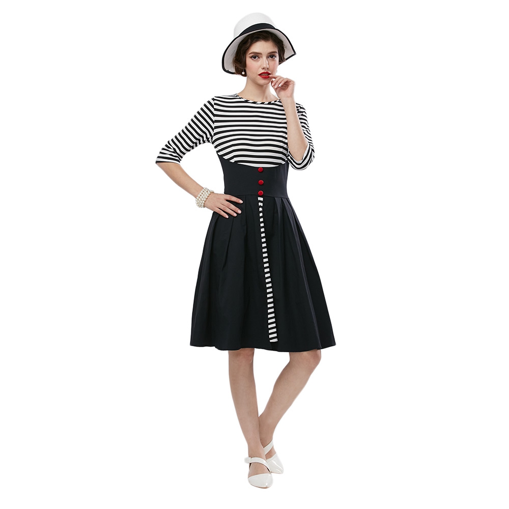 VESTLINDA Vintage Dress Black White Stripper Dress Women O Neck 34 Sleeve A Line Mid Calf Long Dress Vestido De Festa Plus Size 3