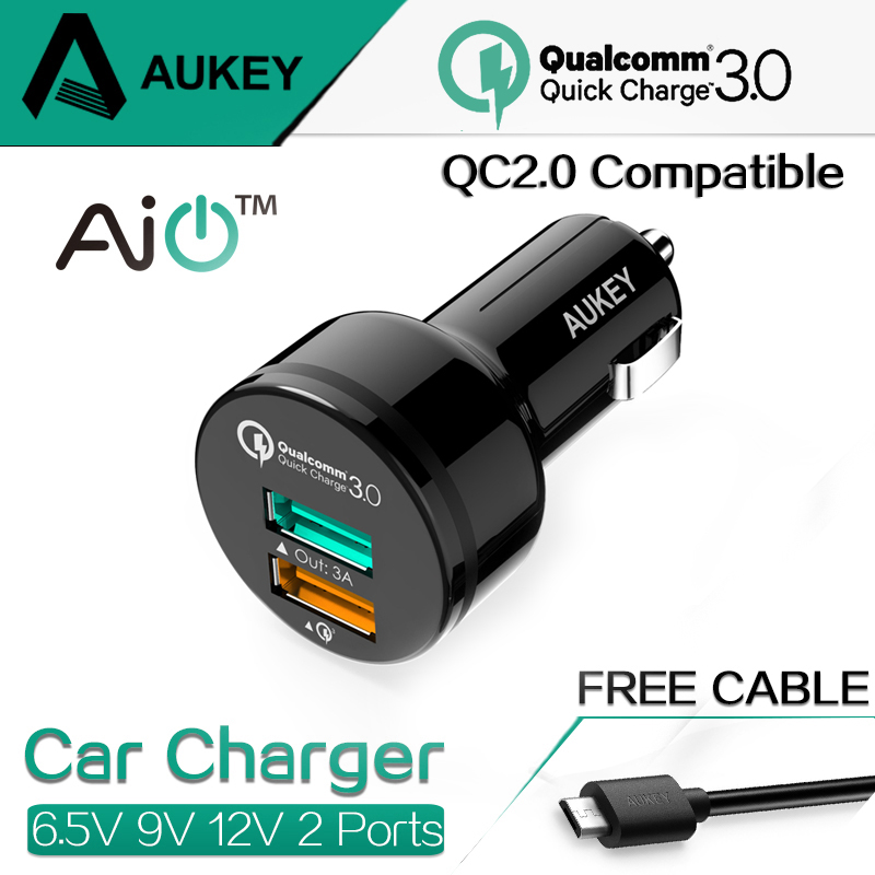 Image of AUKEY For Qualcomm Quick Charger 3.0 9V 12V 2 Ports Mini USB Car Charger for iPhone 6s iPad Samsung HTC Xiaomi QC2.0 Compatible