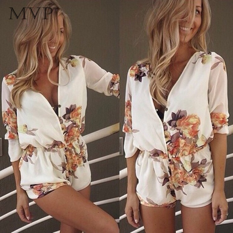 Image of Summer jumpsuit 2015 woman print chiffon jumpsuits cotton flower v-neck rompers sexy wedding playsuit with button overalls 35