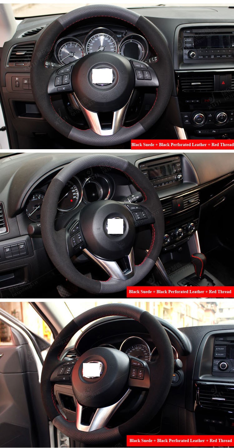 for Mazda CX-5 CX5 Mazda Atenza 2014 Mazda 3 Black Leather Black Suede Steering Wheel Cover Red Thread