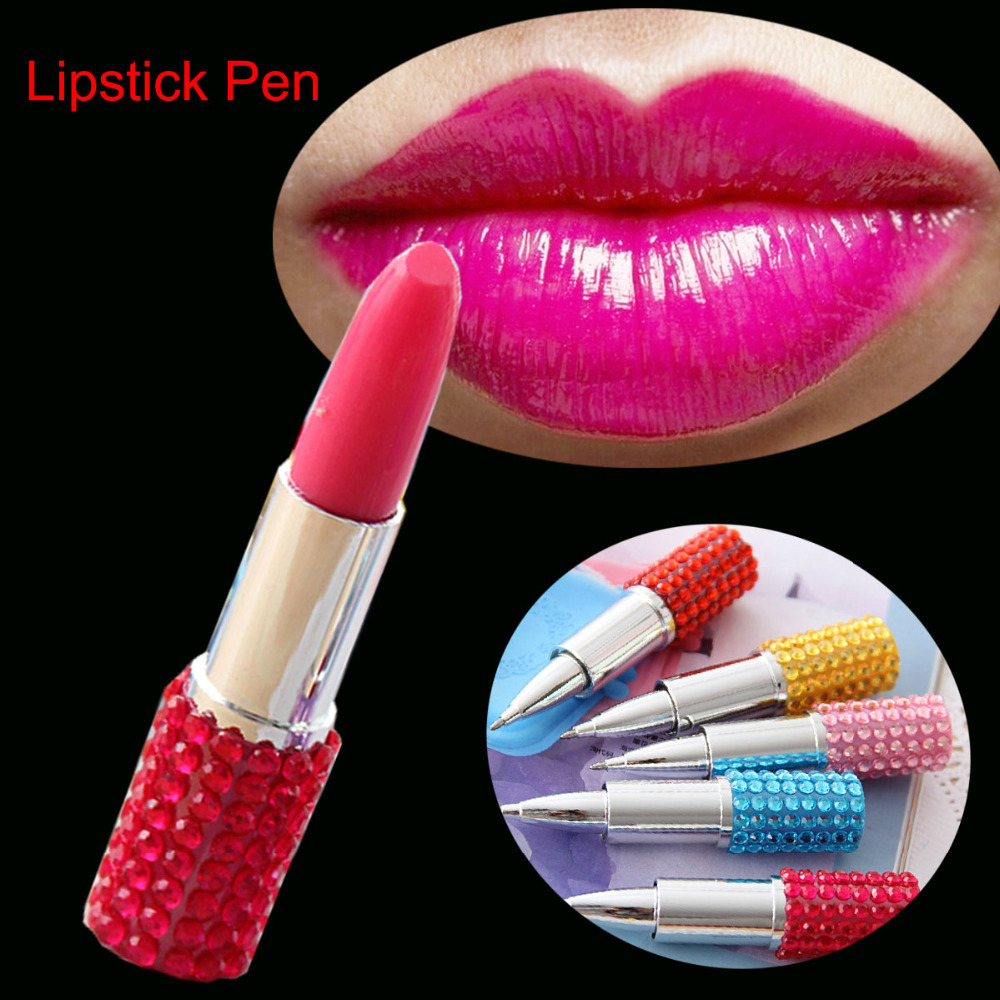 6pcslot Lipstick Ball Pen Novelty Design China Crystal Diamond Ballpoint Pen 6 Colors Option 