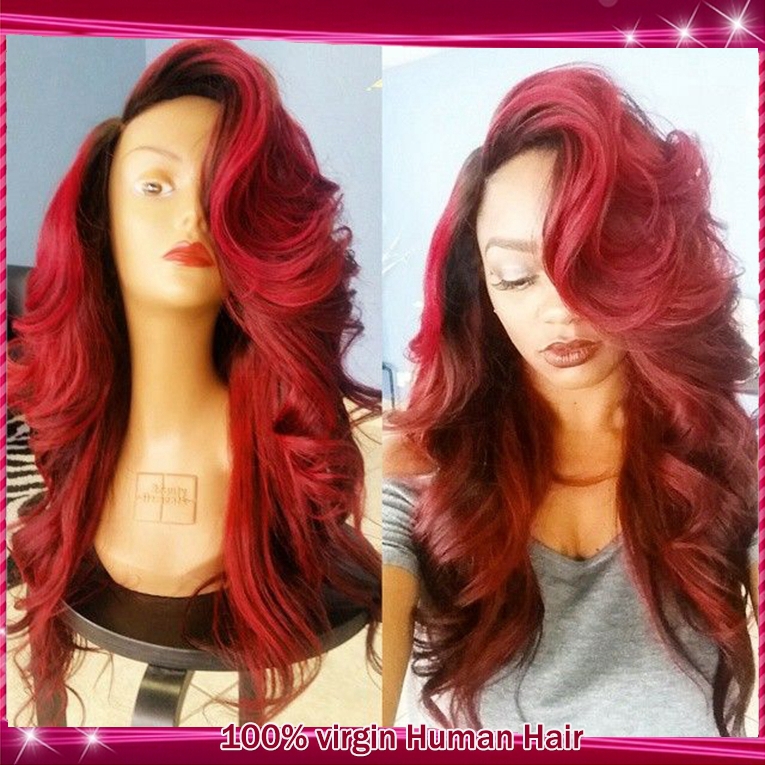 Image of 2015 Black/Red Two Tone Ombre U Part Wig Glueless Lace Front Human Hair Wigs/Brazilian Virgin Full Lace Wigs With Bleached Knots