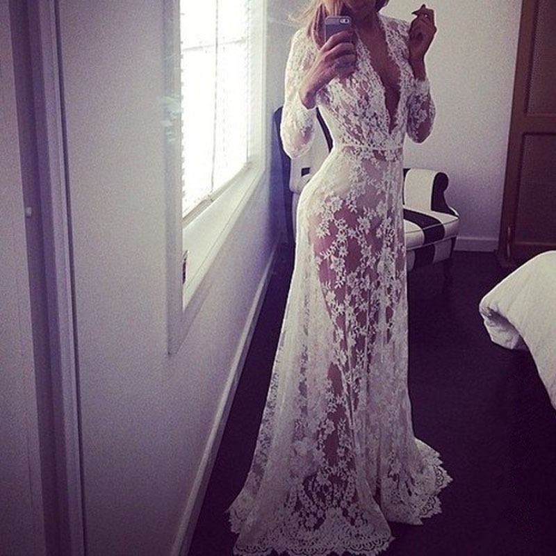 Image of 2016 Summer European Style Womens Sexy Lace Embroidery Maxi Solid White Dress Long Sleeve Deep V Neck Vestidos Plus Size S-XL