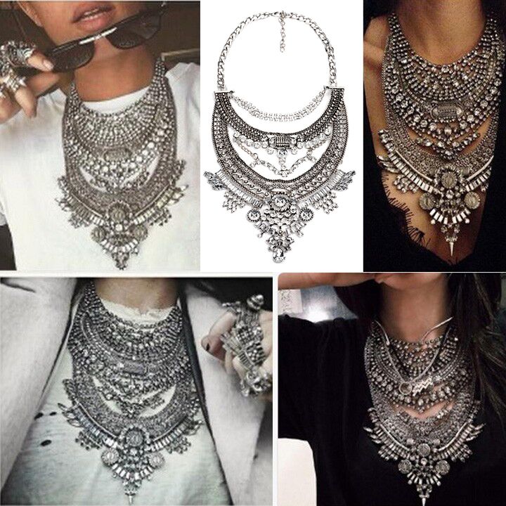 Image of 2015 Collar ZA Necklaces & Pendants Vintage Crystal Maxi Choker Statement Silver Collier Femme Boho Big Fashion Women Jewellery