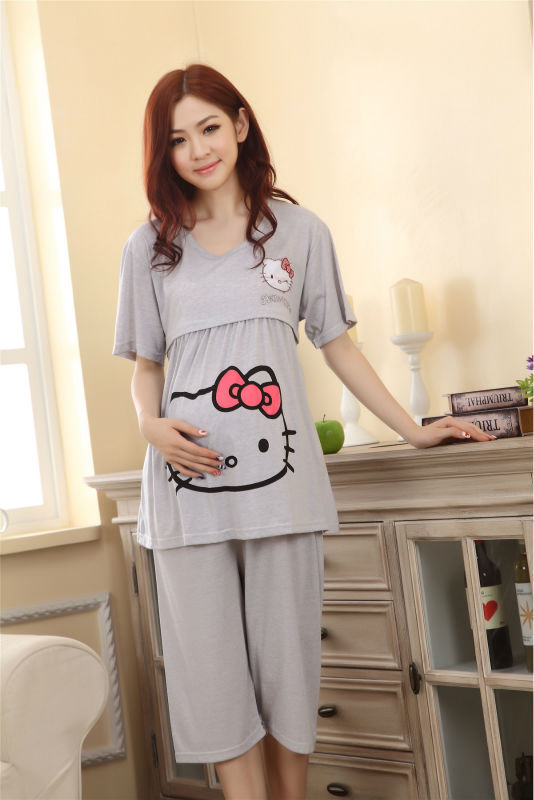 Hello kitty Gray women clothing maternity wear summer dresses for pregnant nursing clothes breast feeding maternity sleepwear 18