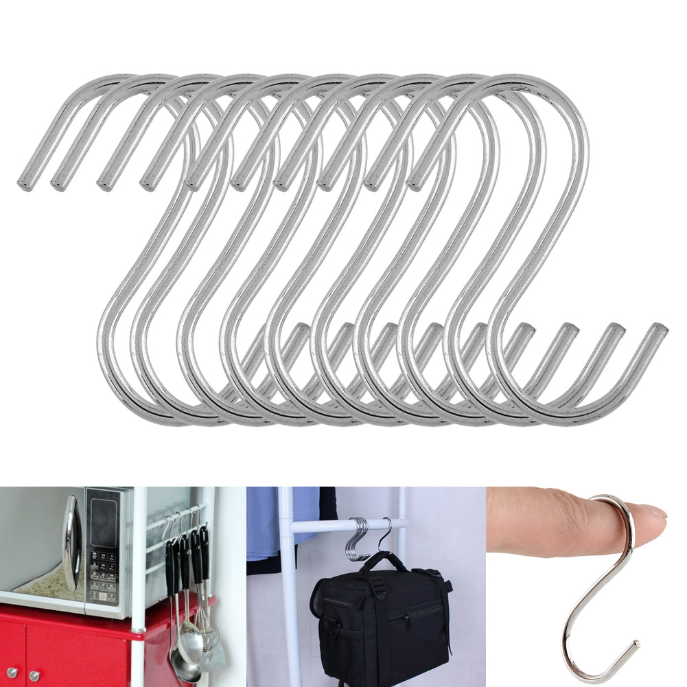 Image of 10Pcs Stainless Steel Silver Chrome S Hook Kitchen Hanger Rack Butcher Meat Dryer Hanging Pot Pan Rail