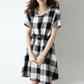 New Hot fashion summer Korean Harajuku black and white plaid cotton cultivating wild loose casual dress
