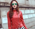 Free shipping 2017 red Genuine leather women slim fur jackets Cool motorbiker plus size female sheep