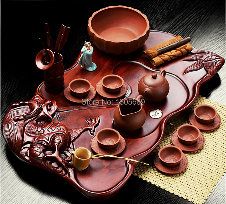 Здесь можно купить  Luxury complete tea set lot with tea tray solid wood dragon design half handmade craft Chinese yixing red stoneware tea set gift  Дом и Сад