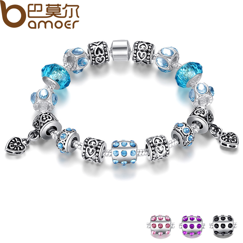 Image of Aliexpress Hot Sell European Style 925 Silver Crystal Charm Bracelet for Women With Blue Murano Glass Beads DIY Jewelry PA1394