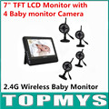 Free shipping wireless 7 TFT LCD Monitor with 4 Baby monitor Camera 4CH QUAD DVR Security