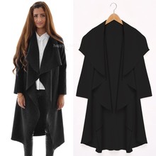 2015 New Casual Long Autumn Trench Coat Women Long Sleeve Irregular Loose Apricot Black Open Stitch Female Solid Ladies 34
