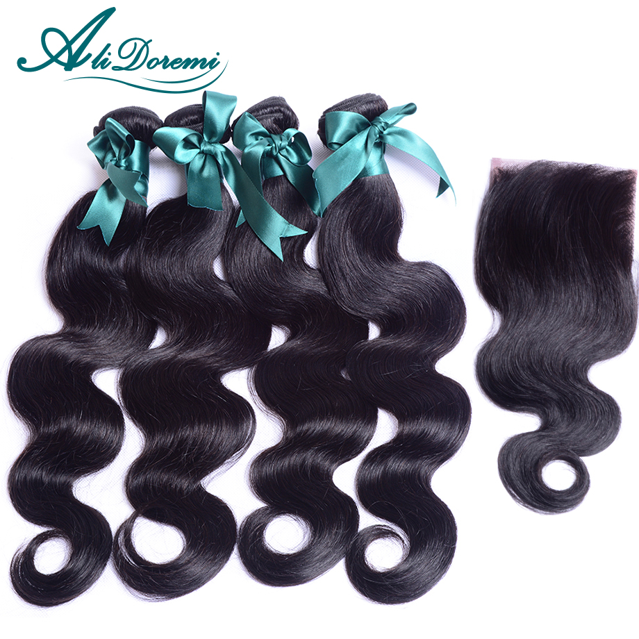 Image of 4bundles Brazilian body wave With 1 pc Lace Closure Brazilian virgin Hair body wave 100% human hair weaves with lace closure