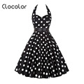 Clocolor Vintage dress dot Summer Rockabilly Dresses 50s white black A line backless dot strapless women