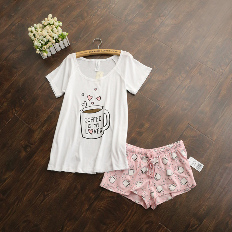 Image of Cute pajamas sets with white and pink /grey and green color coffee cups printed women pajama sets hot selling