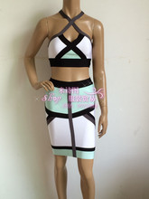 2016 New White and light blue Fashion sexy Two Piece Set Nightclubs /Cocktail party Bandage Dress