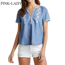 2015 Summer Women s Casual Loose Embroidered V Neck Blue Jeans Denim T shirts Simple Tees
