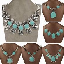Vintage Necklace Tibetan Silver Natural Turquoise Statement Necklace Round Teardrop Carved Chain Necklaces Pendants Jewlery