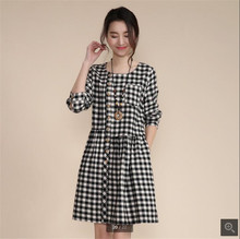 Korean Style 2016 Spring Autumn New Fashion Women Tartan Dress Leisure Loose Big yards Sexy Long sleeve Round collar Dress T0670