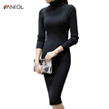 Long Sleeve High Neck Cotton Slim Sexy Long Bodycon Plain Color Black Gray Turtleneck Knit Sweater