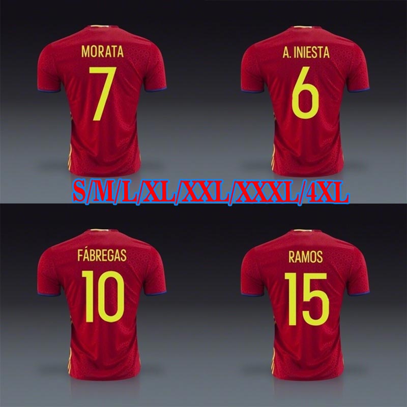 Image of Spain 2016 Home red soccer jerseys 16/17 Spain DIEGO COSTA A. INIESTA RAMOS football shirt camisas size S M L XL XXL XXXL 4XL
