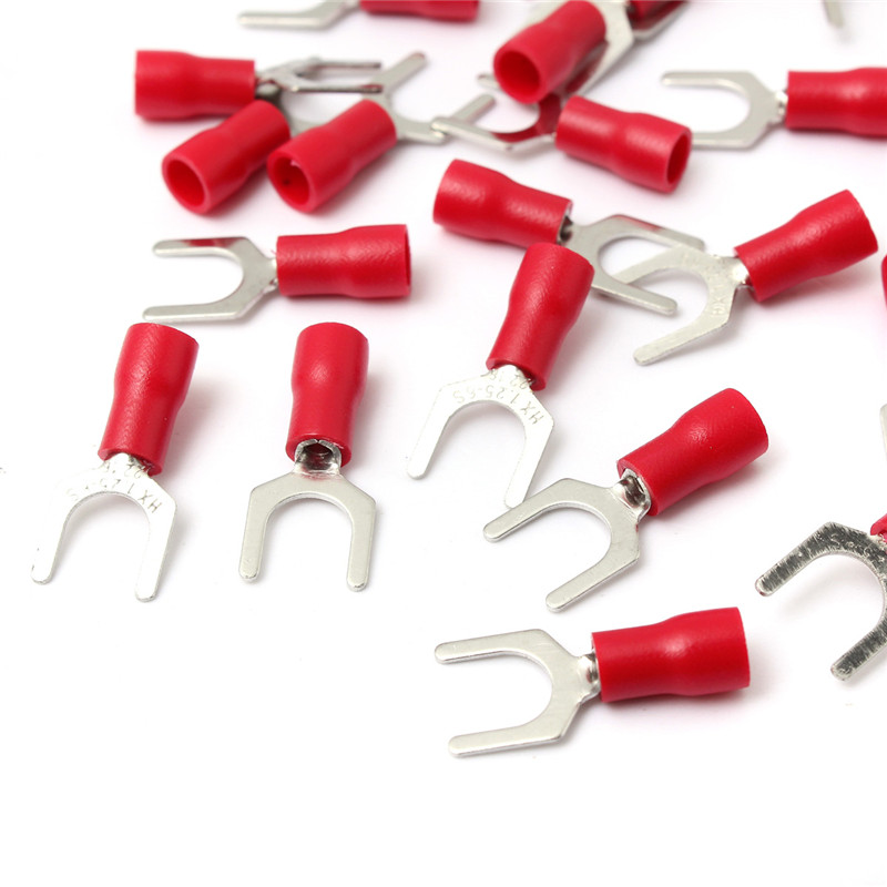 Different Price 25PCS Red Insulated Fork Wire Connector Electrical Crimp Terminal 22-16AWG 6.4m 5.3mm 4.3mm 3.7mm 3.2 mm