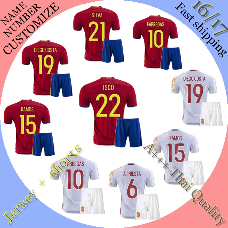 Image of Top quality kit spain 2016/17 home Red ISCO MORATA soccer shirt + short 2017 PIQUE SILVA INIESTA football kit custom team
