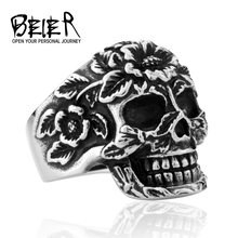 Drop Shipping New Arrival 2014 Fashion Stainless Steel Handmade Biker Black Flower Skull Ring Jewelry  Free Shipping TG1029
