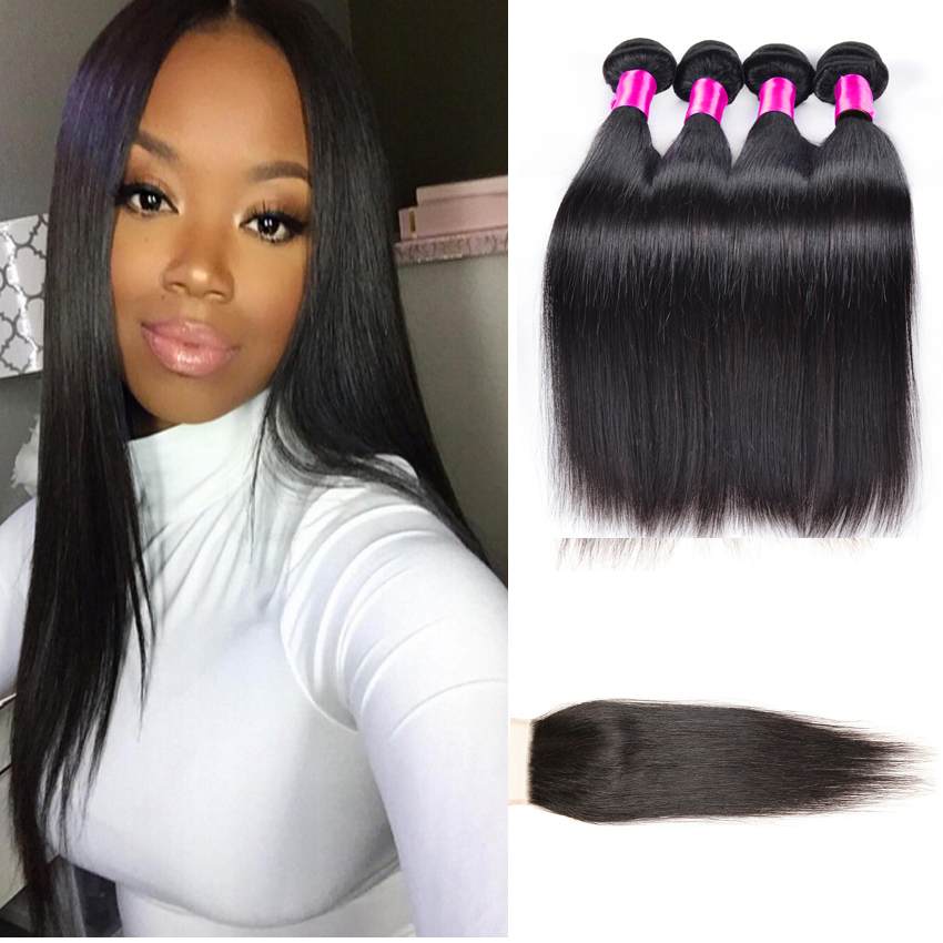 Image of Top Grace Hair Products With Closure Peruvian Virgin Hair Straight With Closure 4 Bundles With Closure Straight Human Hair Weave