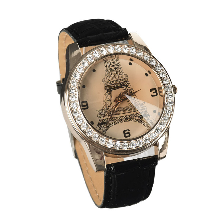 lackingone relojes mujer 2015 Fashion relogio feminino Eiffel Tower Crystal Leather Band Woman Girl Quartz Watch