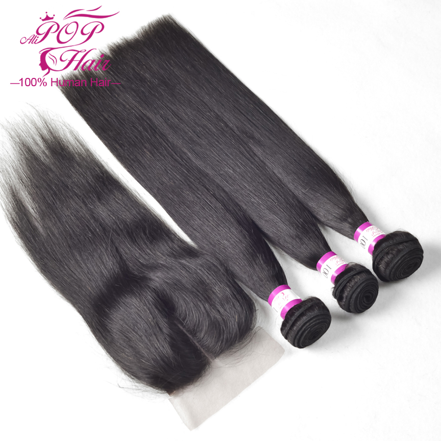 Image of Brazilian virgin hair with closure,Human hair bundles with lace closure 4x4" Free Part Bleached Knots Brazilian straight hair
