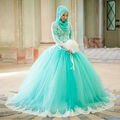 Fantasy Mint Bridal Dress with Scoop Neckline White Lace Appliques Ball Gown Floor Length Long Muslim