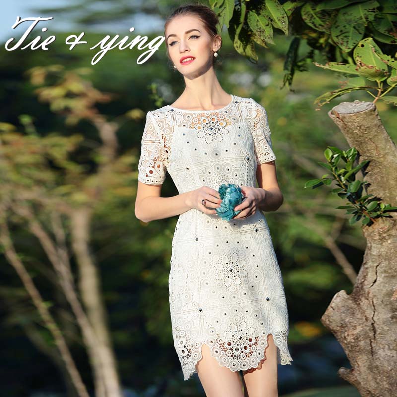 Women sexy midi dresses 2016 spring new arrival American and European fashion runway luxury hollow out beading lady slim dress