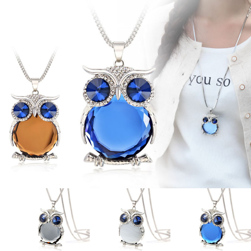 Image of 4 Colors New Owl Necklace Top Quality Rhinestone Crystal Pendant Necklaces Classic Animal Long Necklace Jewelry For Women Gift
