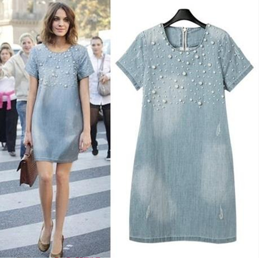 2015 European fashion women long denim dress with rhinestone short