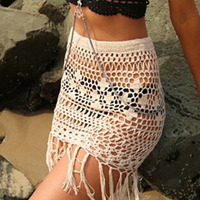 2015 hot skirt women beach casual crochet knit Hollow tassel solid straight beige skirts