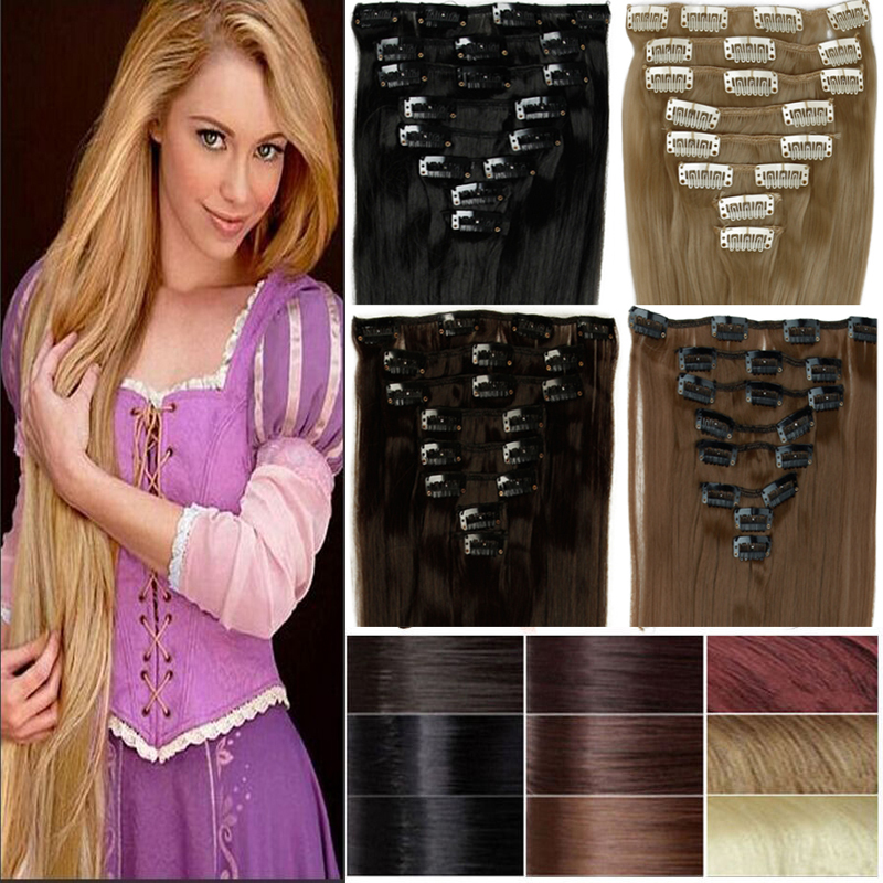 Image of 8Pcs/set 23" 60CM Long Mega Straight Full head Clip in Hair Extensions Black Brown Blonde red auburn 18clips on