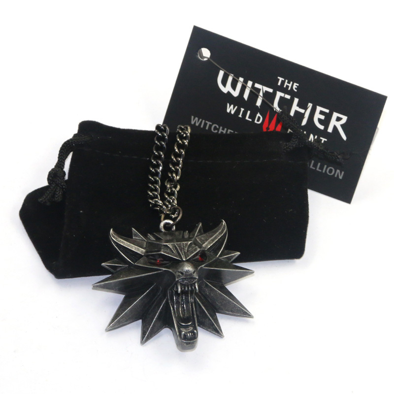 Image of 2015 Hot Sale The Witcher 3 Wild Hunt Medallion Pendant Necklace The Wild Hunt 3 Figure Game Wolf Head Necklace With Bag & Card